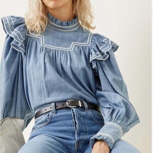 Ulla Johnson Denim Ruffle Trim Top NWOT